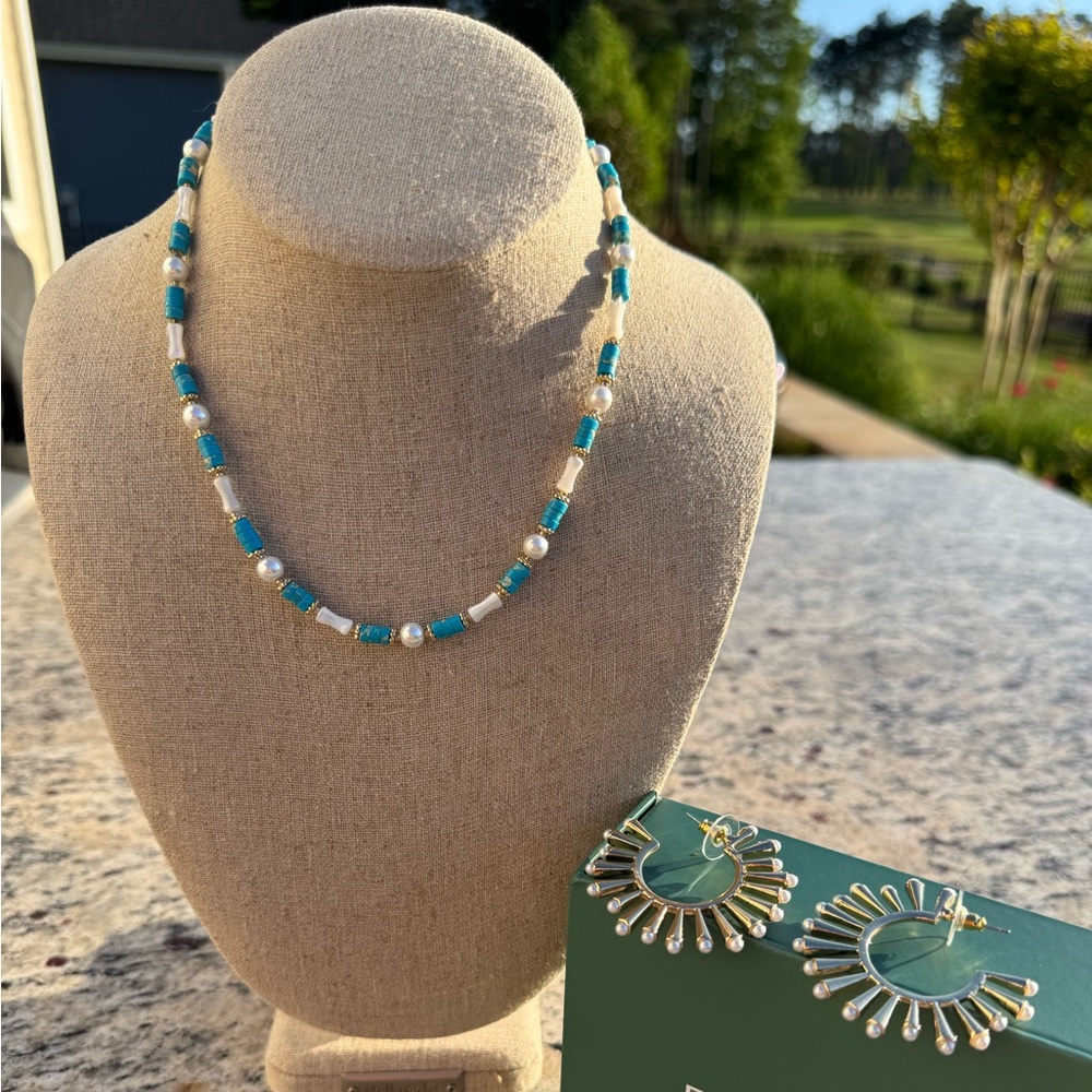 Turquoise and pearl beaded necklace and earring set